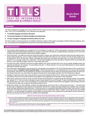 Test of Integrated Language and Literacy Skills (R) (TILLS (R)) Quick Start Guide